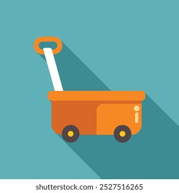 Simple icon of an orange toy wagon, casting a long shadow on a turquoise background, perfect for childhood or playful designs