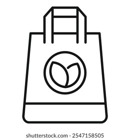 Icono simple de una bolsa de papel con un logotipo de hoja, que representa un embalaje ecológico y sostenible para comestibles y compras