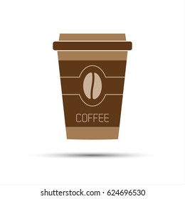 Simple icon paper cup of coffee with coffee bean isolated on white background, vector illustration