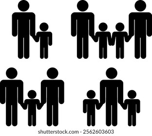 Simple icon of parents and children holding hands, number of variations set