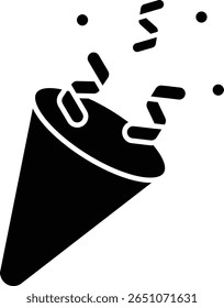 A simple icon of a party popper with confetti. Perfect for celebration, events, and festive designs vector icon solid style.