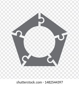 Simple icon pentagon puzzle in gray. Simple icon pentagon puzzle of the five elements  on transparent background. Flat design. Vector illustration EPS10. 