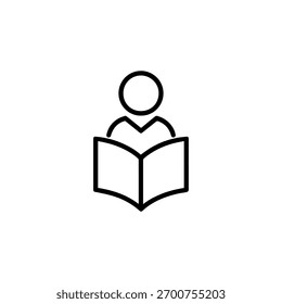 Simple icon of a person reading an open book, representing knowledge and education
