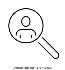 A simple icon of a person under a magnifying glass. Candidate search icon. Vector illustration with editable stroke.
