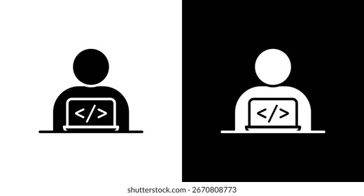 Simple icon of a person working on a laptop with code displayed on the screen. Isolated on white and black backgrounds.