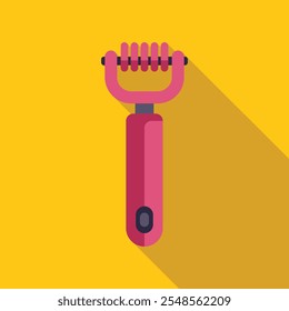 Simple icon of a pink vegetable peeler, a useful kitchen utensil for peeling vegetables, with a long shadow on a yellow background