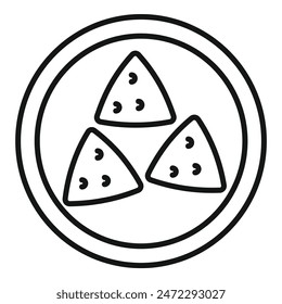 Simple icon of a plate holding three tortilla chips, perfect for representing nachos