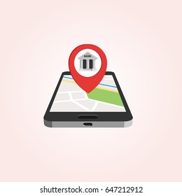 Simple icon of pointer with bank icon and smartphone with map on the screen.