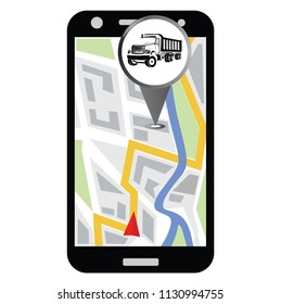 Simple icon of pointer with big truck icon and smartphone with map on the screen. Industrial truck location.