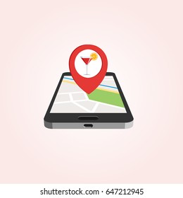 Simple icon of pointer with cocktail icon and smartphone with map on the screen.