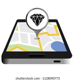 Simple icon of pointer with diamond icon and smartphone with map on the screen. Jewellary shop location.