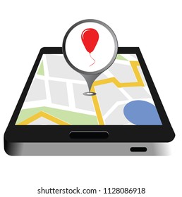 Simple icon of pointer with red balloon icon and smartphone with map on the screen.