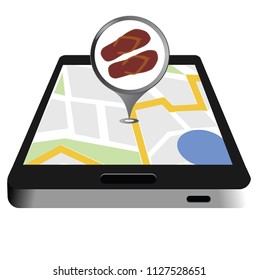 Simple icon of pointer with shop sandals  icon and smartphone with map on the screen.