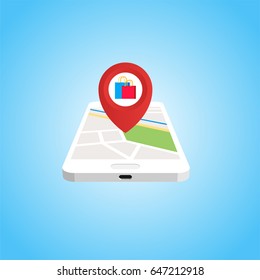 Simple icon of pointer with shopping bags icon and smartphone with map on the screen.