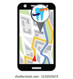 Simple icon of pointer with teeth icon and smartphone with map on the screen. Dentist location.