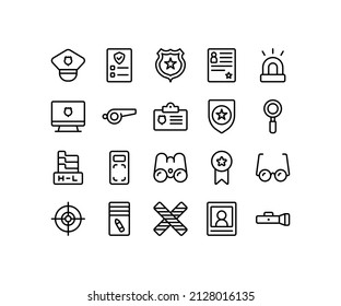 Icono simple de la línea relacionada con la seguridad policial. Contienen iconos como el sheriff bagde, silbato, idcard, binocular, target, flashlight y más. Trazo editable.