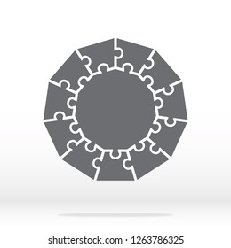 Simple icon polygonal puzzle in gray. Simple icon polygonal puzzle of the eleven elements and center on gray background. Flat design. Vector illustration EPS10. 