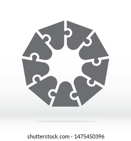 Simple icon polygonal puzzle in gray. Simple enneagon puzzle  of nine pieces  on gray background. Flat design. Vector illustration EPS10. 