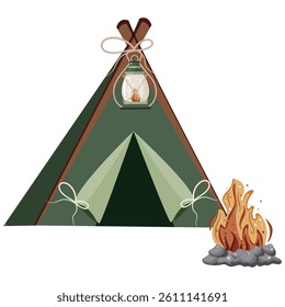 simple icon of a protective tent for camping and recreation and with a bright bonfire near it