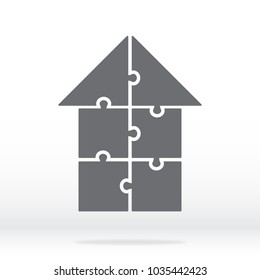 Simple icon puzzle in gray. Simple icon house puzzle of the six elements. Flat design. Vector illustration EPS10.