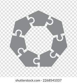 Un simple émbolo de rompecabezas heptágono en gris. Sencillo rompecabezas de iconos de los siete elementos y centro en fondo transparente para el diseño de su sitio web, aplicación, interfaz de usuario. EPS10.