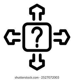 Simple icon of a question mark inside a square with arrows going in and out representing decision making