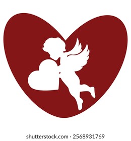 simple icon of red heart with shadow of cupid holding a big heart, design for valentine's day	