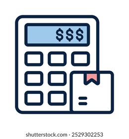 Un ícono simple que representa una calculadora con un paquete, que simboliza el Precios de comercio electrónico