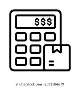 Un ícono simple que representa una calculadora con un paquete, que simboliza el Precios de comercio electrónico