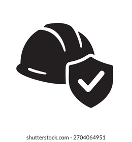 Einfaches Symbol, das die Bausicherheit darstellt, mit Helm und Schild mit einem Häkchen.