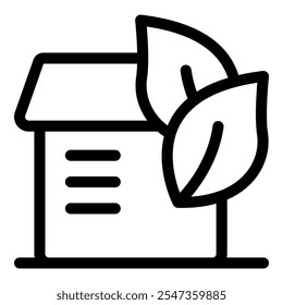 Icono simple que representa una casa ecológica con hojas que simbolizan la construcción verde y la sostenibilidad