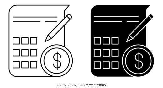Icono simple que representa el cálculo financiero, con un documento con cuadrícula, un lápiz y una moneda de dólar.