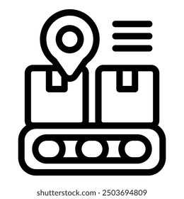 Simple icon representing a global delivery tracking system with boxes moving on a conveyor belt and a location pin