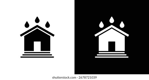Un icono simple que representa una casa con gotas de lluvia cayendo sobre su techo, que se muestra en versiones oscuras y claras.