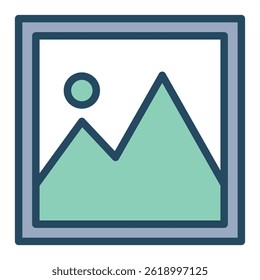 A simple icon representing an image placeholder, featuring a frame, mountains, and a sun-like circle