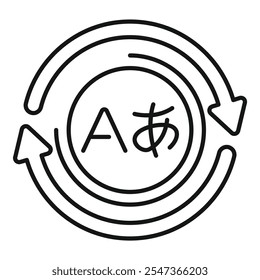 Simple icon representing a language exchange program with japanese and english letters surrounded by circular arrows