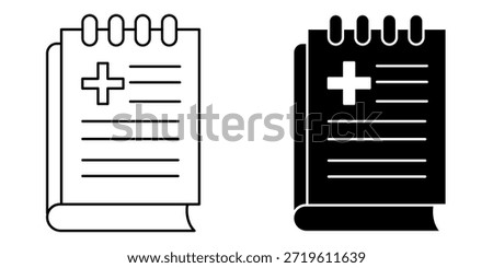 simple icon representing a medical record or document, featuring a plus sign and lines for text, presented in both outline and solid black versions.