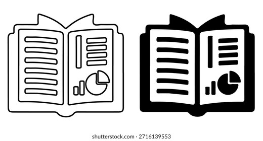 Un icono simple que representa un libro abierto con páginas que muestran varios gráficos de negocios, gráficos y visualizaciones de datos.