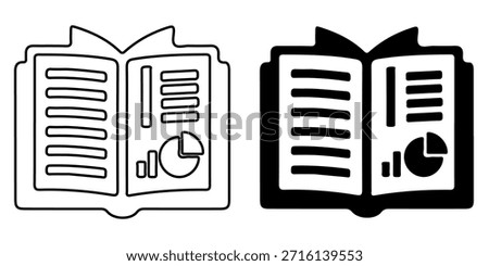 A simple icon representing an open book with pages displaying various business charts, graphs, and data visualizations.