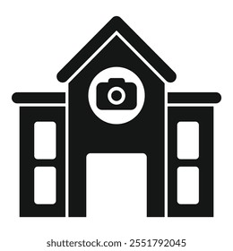 Simple icon representing a photo studio building with a camera sign, perfect for symbolizing a photography business