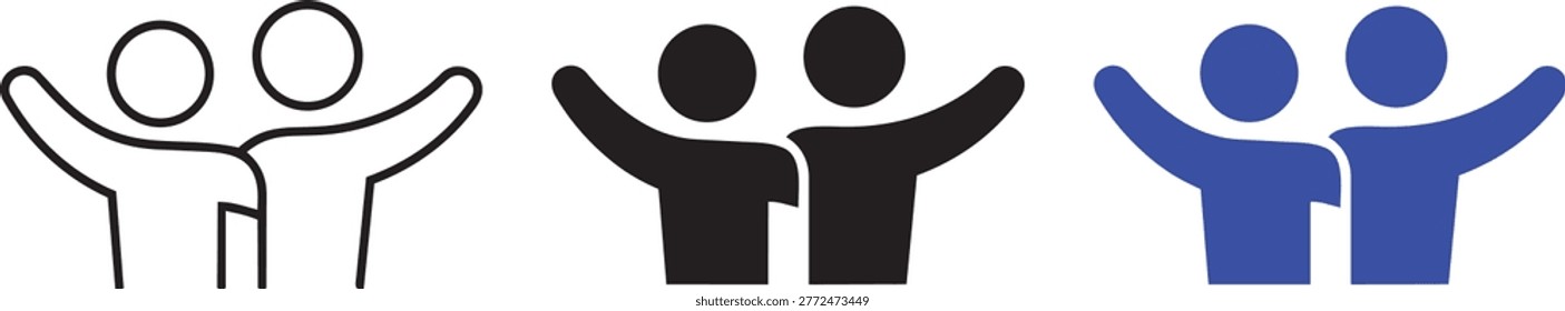 A simple icon representing two people hugging each other, with one person's arm around the other's shoulder. The icon is presented in three variations: outline, black, and blue.