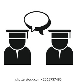 Simple icon representing two students having a conversation, symbolized by a speech bubble