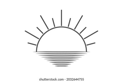 Simple Icon Of The Rising Or Setting Sun On The Background Of The Water Surface. Flat Style.