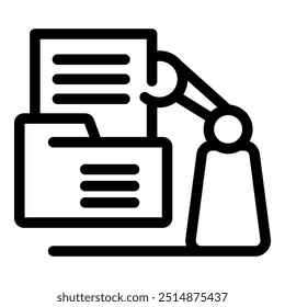 Icono simple de un brazo robótico que pone un documento en una carpeta, que representa la automatización del trabajo de oficina