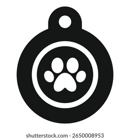 Simple icon of a round, black and white dog tag with a paw print