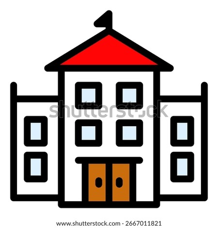 Simple icon of a school building with a red roof and flag. Perfect for themes of education, university, academy, and learning institutions