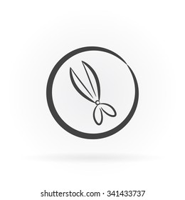 Simple icon of scissors in circle with shadow.