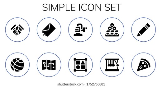 simple icon set. 10 filled simple icons. Included Handshake, Earth globe, Send, Map, Polisher, Shapes, Friends, Newton cradle, Pencil, Pizza icons