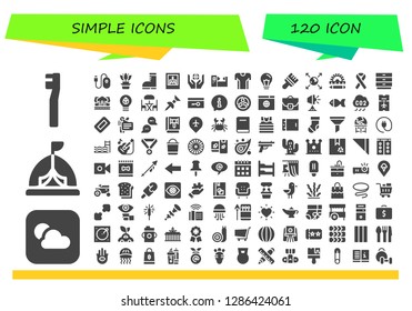  simple icon set. 120 filled simple icons. Simple modern icons about  - Toothbrush, Weather, Tent, Mouse, Flower, Boots, Picture, Worldwide, Machine, Tshirt, Idea, Brush, Earth globe