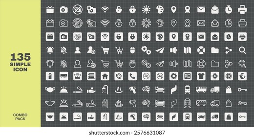 Simple icon set with 135 icons. Includes camera, phone, shopping, and more. Versatile icons for apps, websites, and designs. Simple, clear, and useful icons. User interface icon vector set.